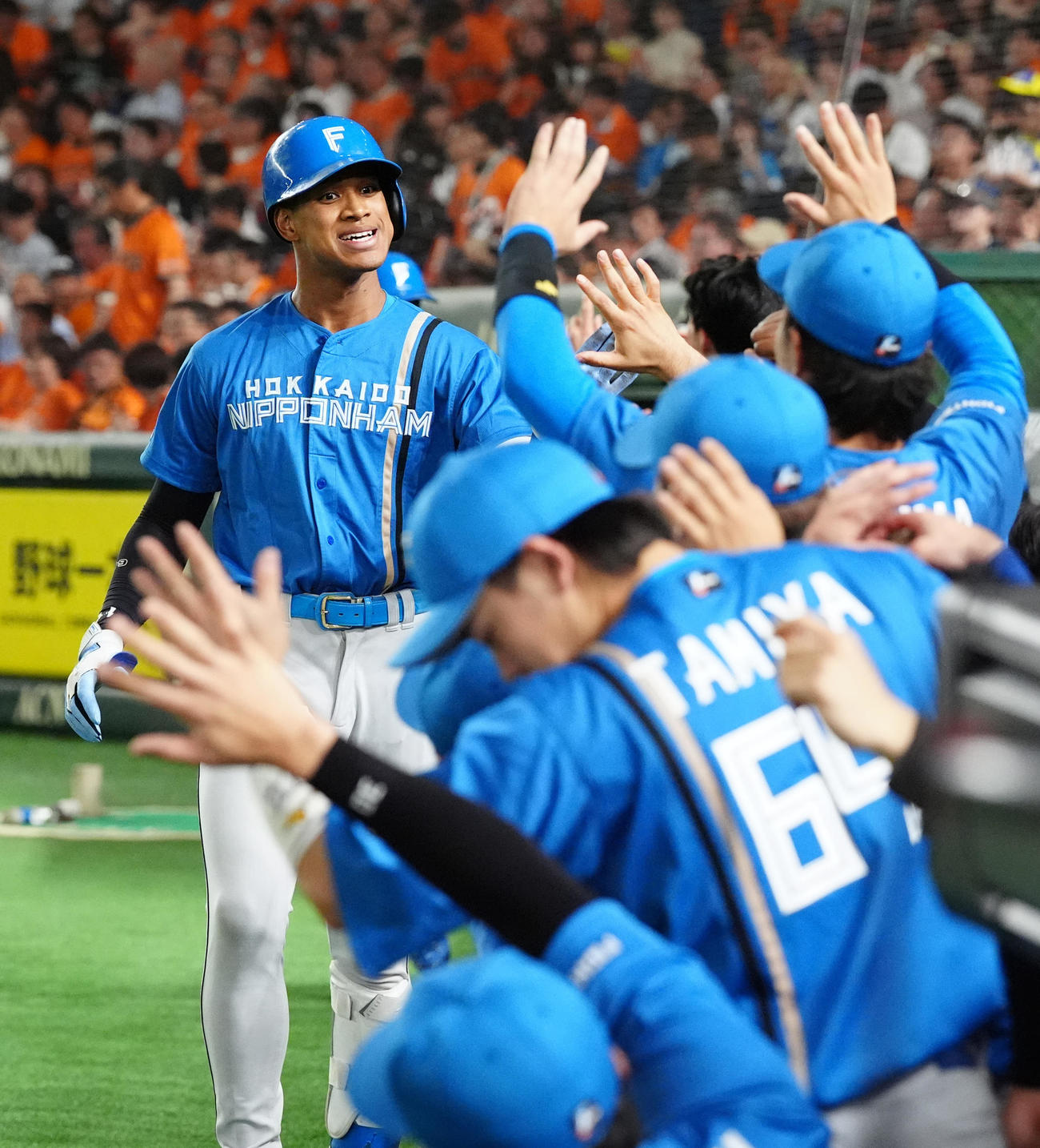 巨人対日本ハム　2回表日本ハム無死一塁、先制2点本塁打を放ちタッチを交わす万波（撮影・江口和貴）