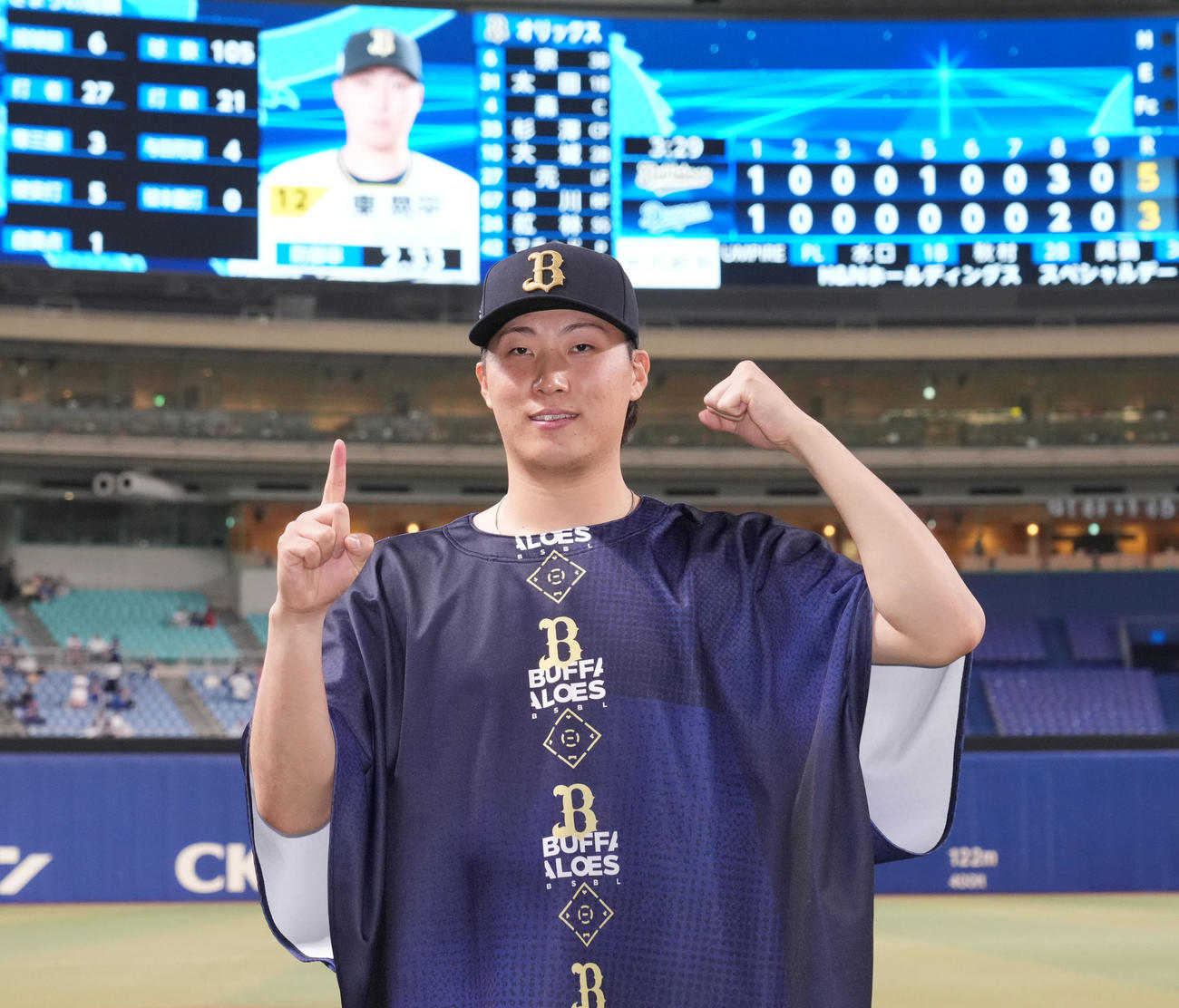 中日対オリックス　ヒーローインタビューを終えポーズを決める東（撮影・森本幸一）