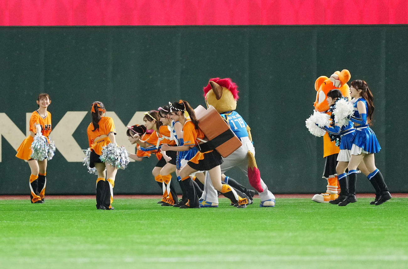 巨人対日本ハム　3回裏終了後のすしレースに臨むヴィーナスとファイターズガール（撮影・江口和貴）