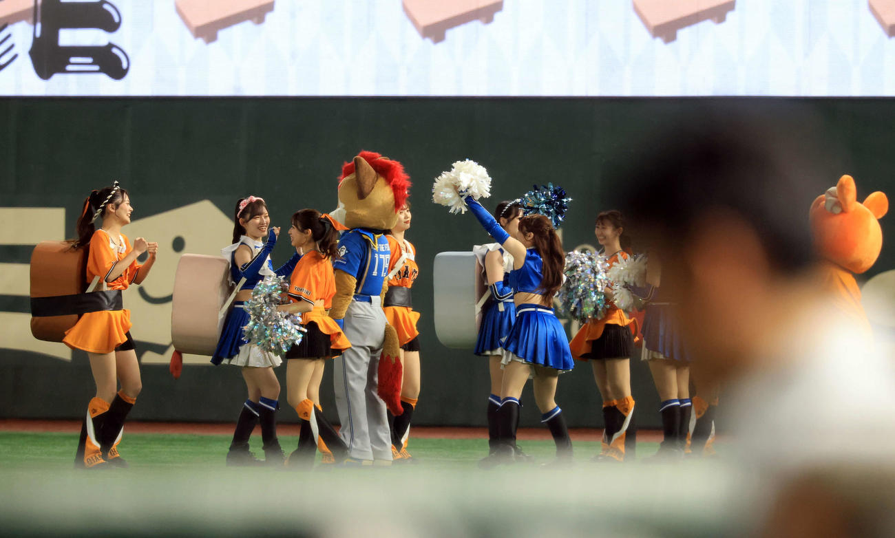 巨人対日本ハム　激走する巨人日本ハム両チームのチアガール（撮影・浅見桂子）