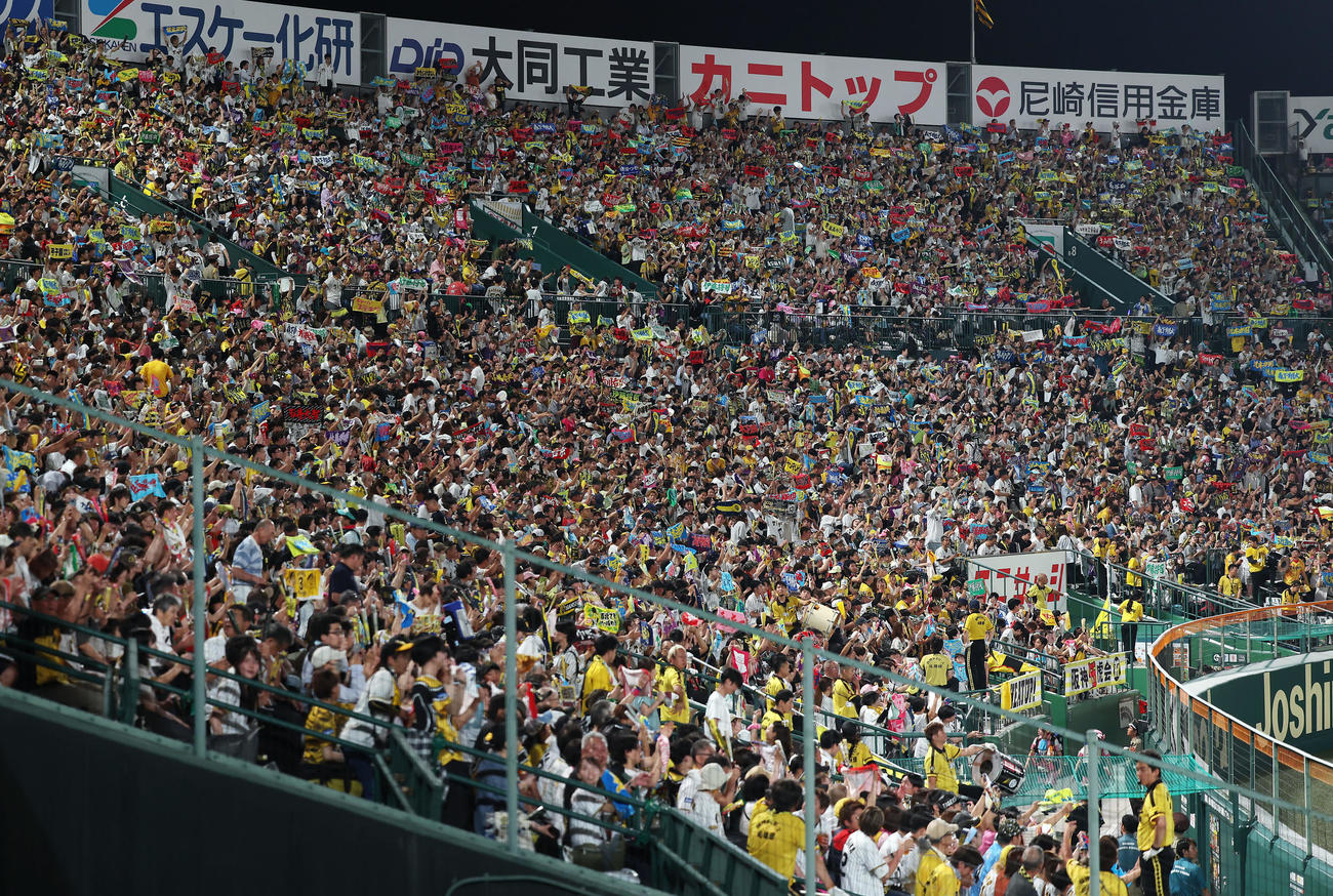 阪神対ロッテ　7回裏、ラッキー7の応援をする阪神ファンたち（撮影・前田充）