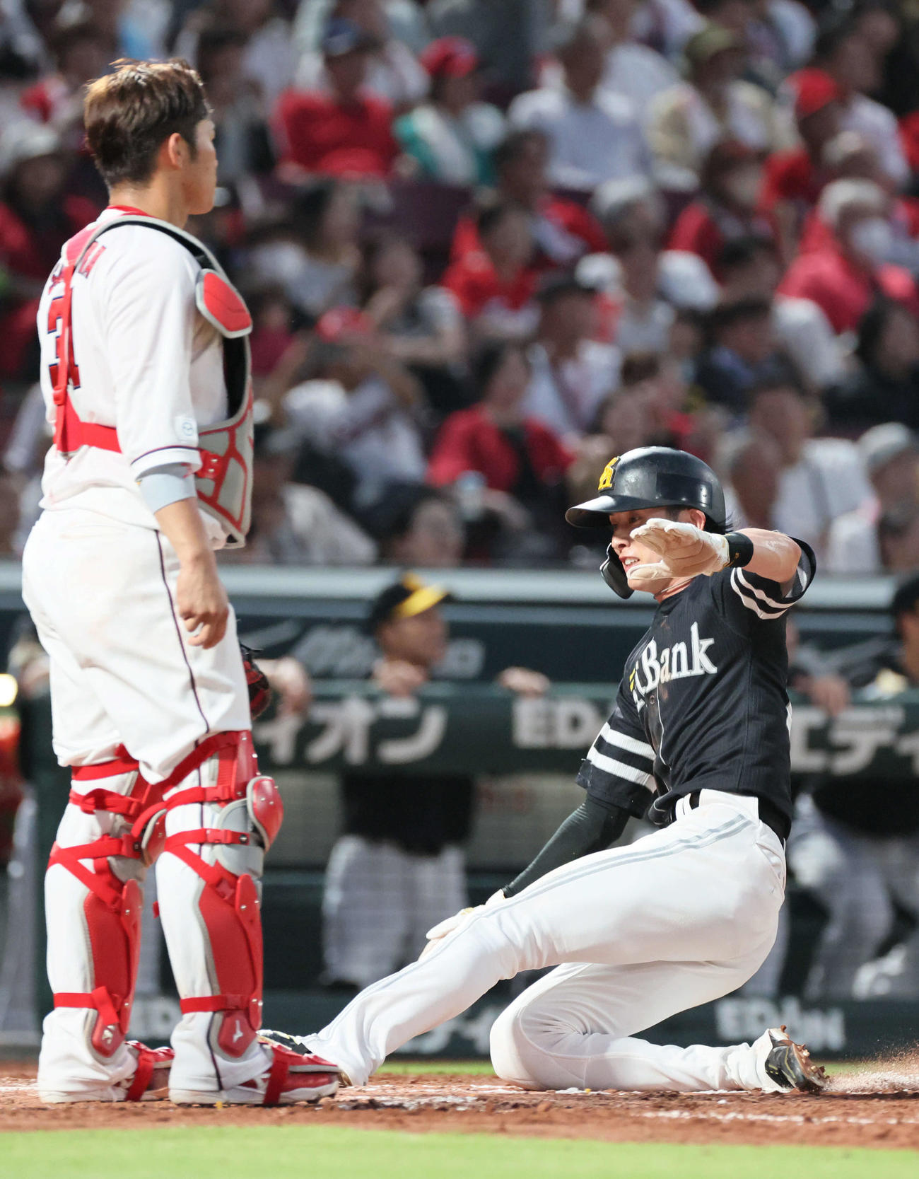 広島対ソフトバンク　4回表ソフトバンク2死一、二塁、中村晃の適時二塁打で周東が生還。左は坂倉（撮影・加藤孝規）