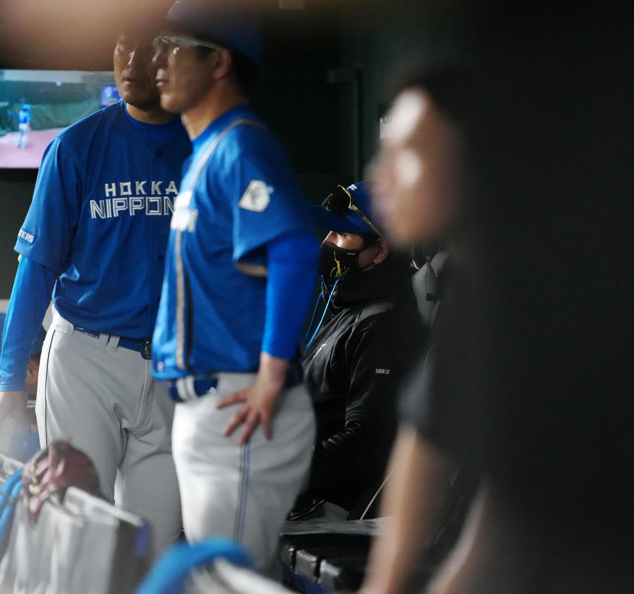 巨人対日本ハム　8回裏、ベンチから戦況を見つめる日本ハム新庄監督（中央）（撮影・江口和貴）