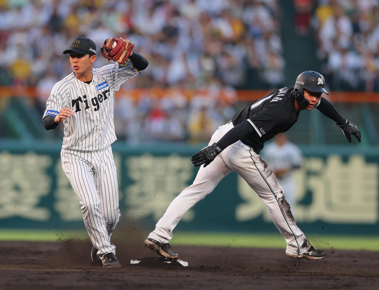 阪神対ロッテ　3回表ロッテ2死一塁、伊藤将のけん制で一走藤原（右）をアウトにする遊撃手小幡（撮影・上山淳一）