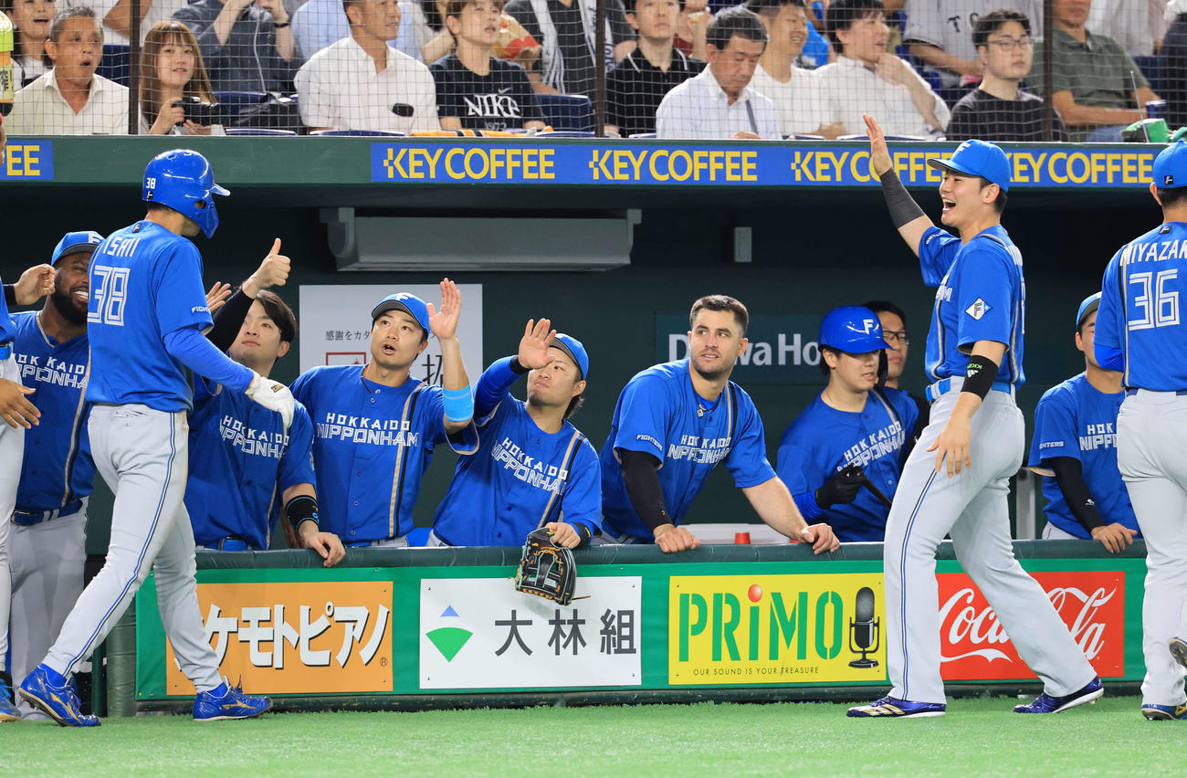 巨人対日本ハム　2回表日本ハム2死一塁、上川畑の適時二塁打で一気に本塁生還した石井（左）を笑顔で迎える清宮幸（右手前）ら選手たち（撮影・浅見桂子）