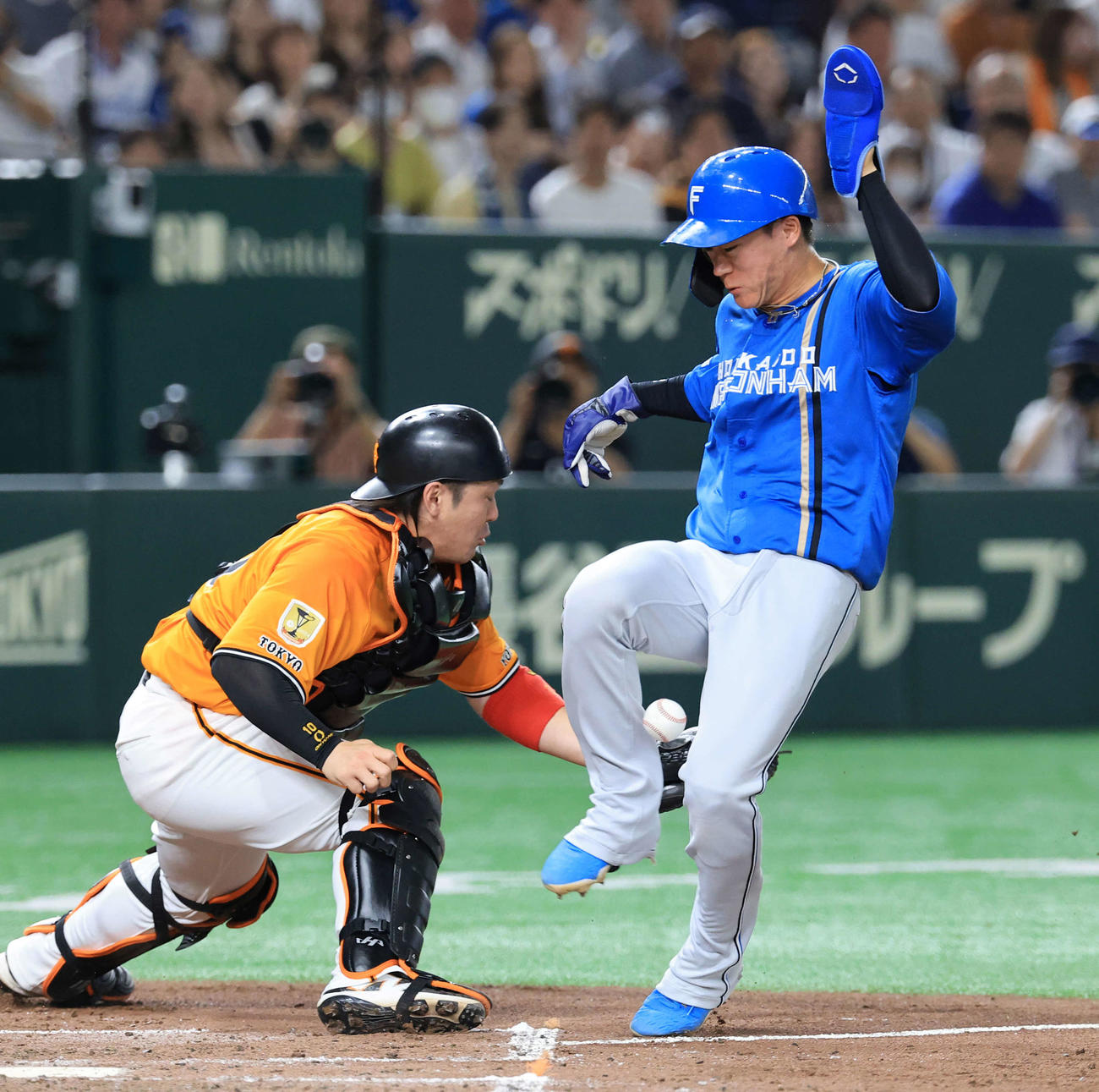巨人対日本ハム　3回表日本ハム無死満塁、田宮の犠飛で送球を足に当てながら生還する矢沢。捕手甲斐（撮影・浅見桂子）