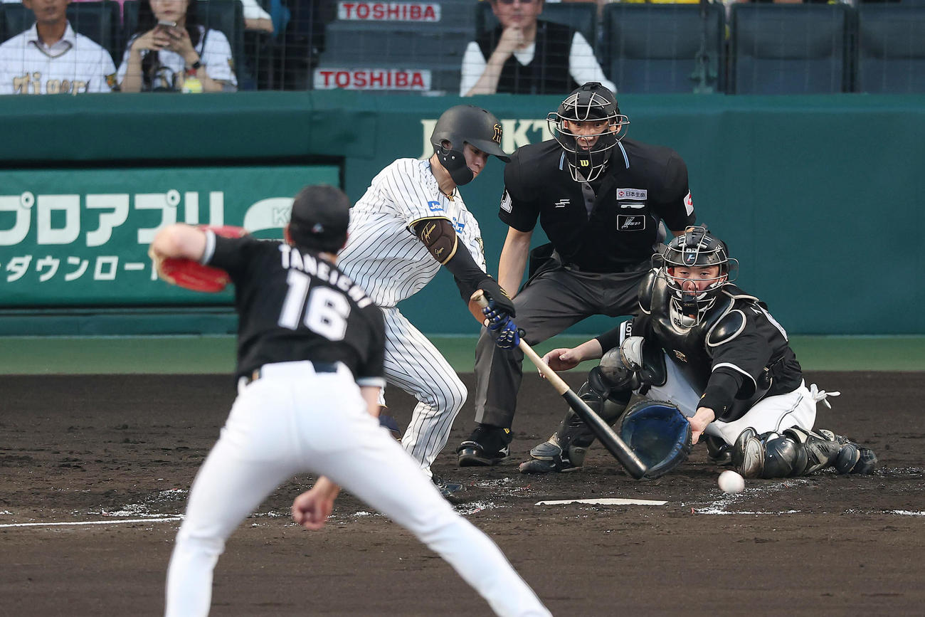 阪神対ロッテ　3回裏阪神2死、三塁内野安打を放つ中野。投手種市（撮影・前田充）