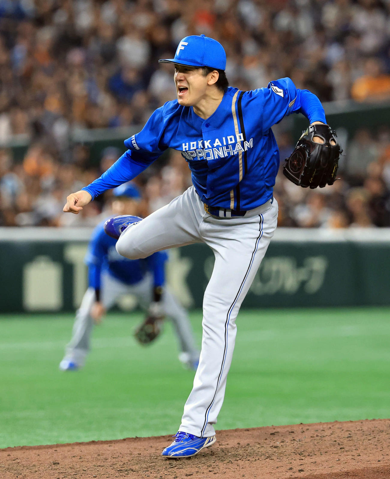 巨人対日本ハム　9回裏巨人の攻撃で気合の投球を見せる北山（撮影・浅見桂子）