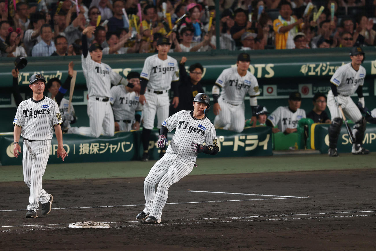 阪神対ロッテ　7回裏阪神2死一、二塁、中前適時打を放った大山（撮影・前田充）