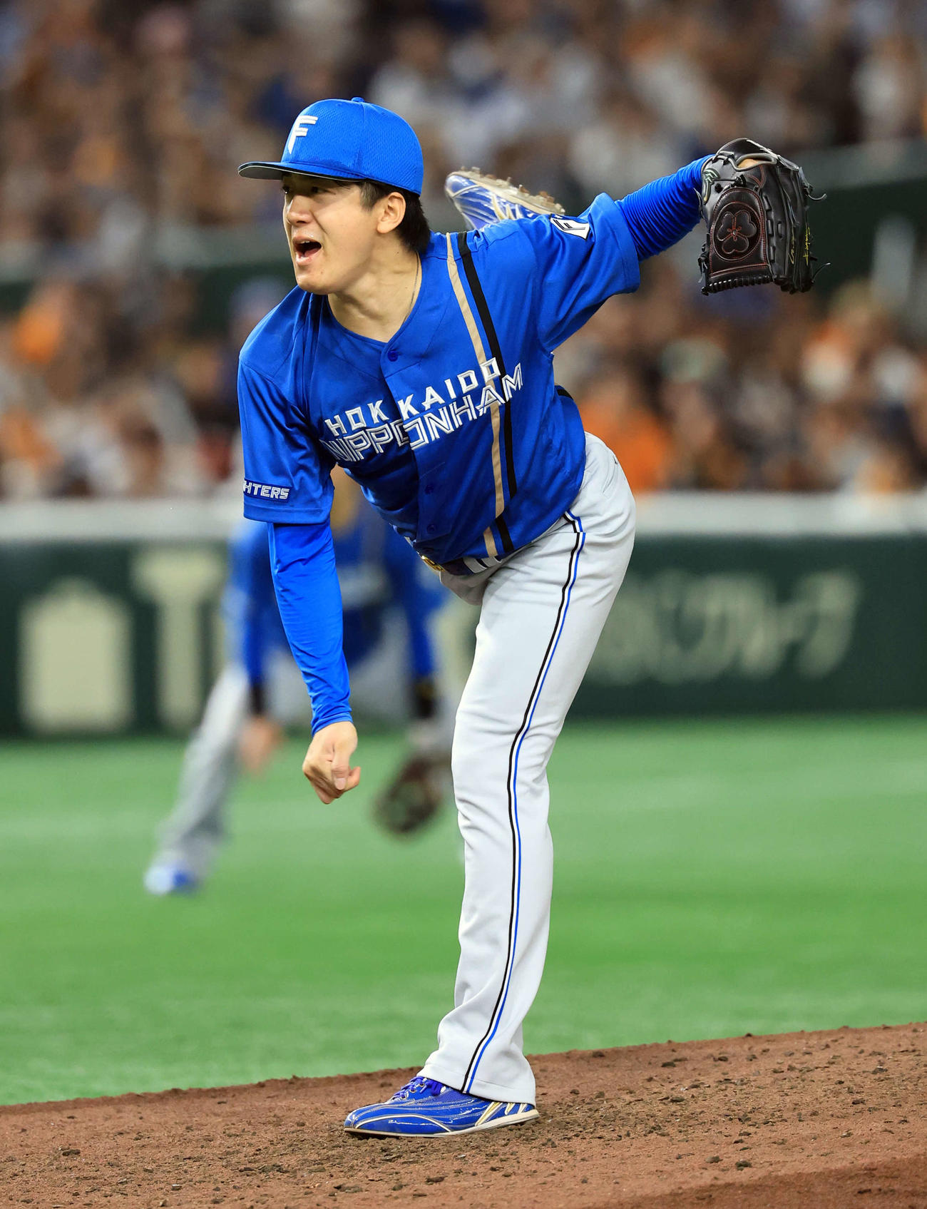 巨人対日本ハム　9回裏巨人の攻撃で気合の投球を見せる北山（撮影・浅見桂子）