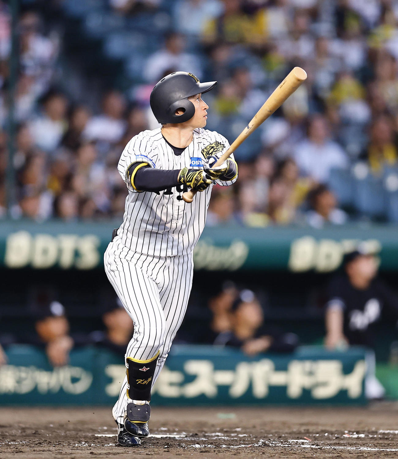 阪神対ロッテ　4回裏阪神1死満塁、近本は左犠飛を放つ（撮影・藤尾明華）
