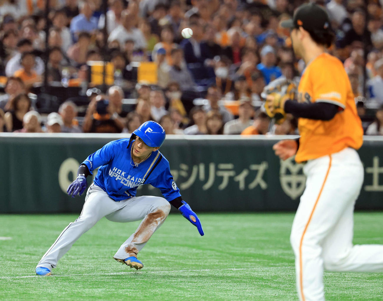 巨人対日本ハム　4回表日本ハム2死一、三塁、打者郡司の時、一塁走者を見てスタートを切った三塁走者矢沢（左）は挟殺される。手前は山崎（撮影・浅見桂子）