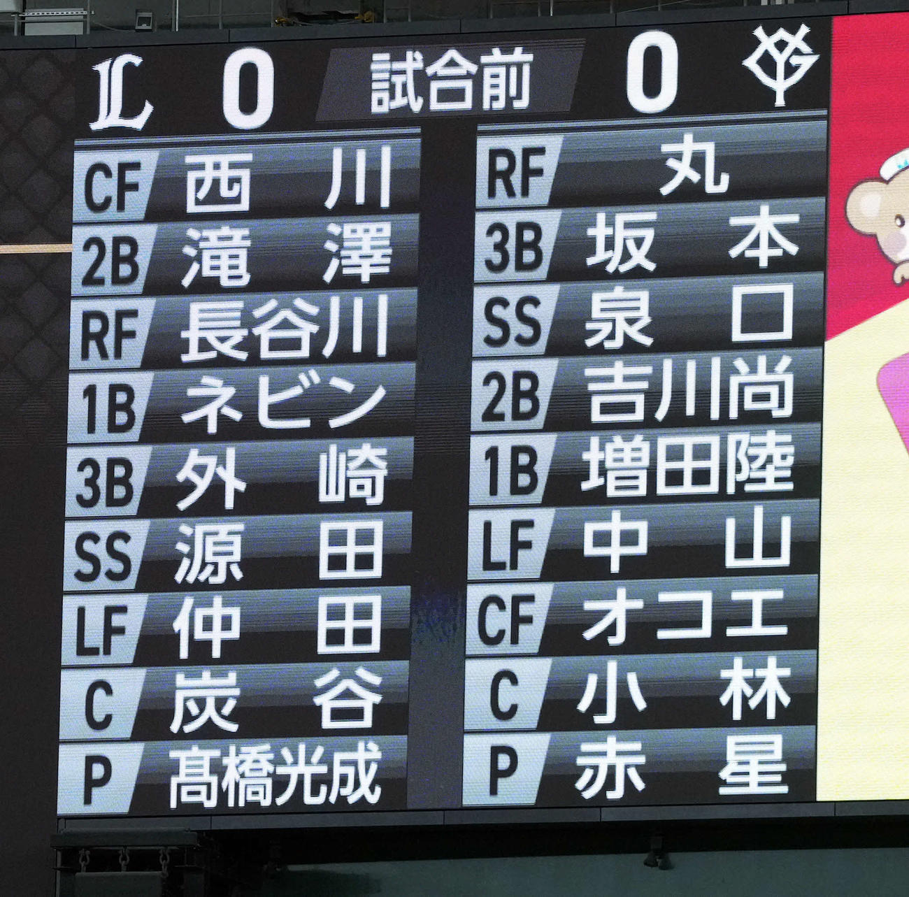 巨人対西武　両チームの先発メンバー（撮影・たえ見朱実）