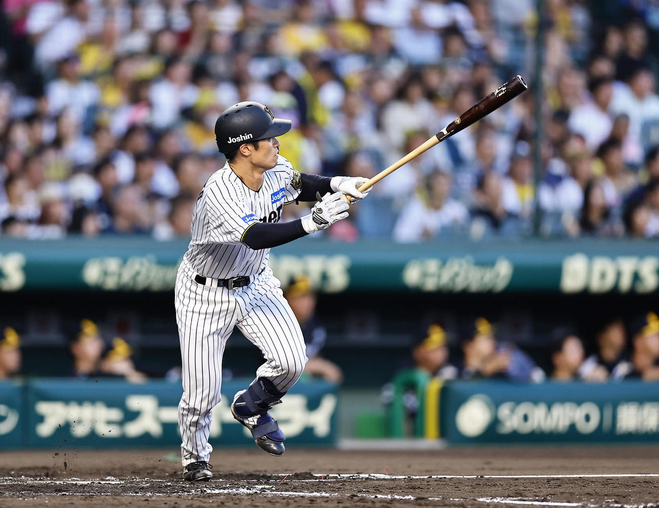 阪神対ソフトバンク　2回裏阪神1死一塁、坂本は左安打を放つ（撮影・藤尾明華）