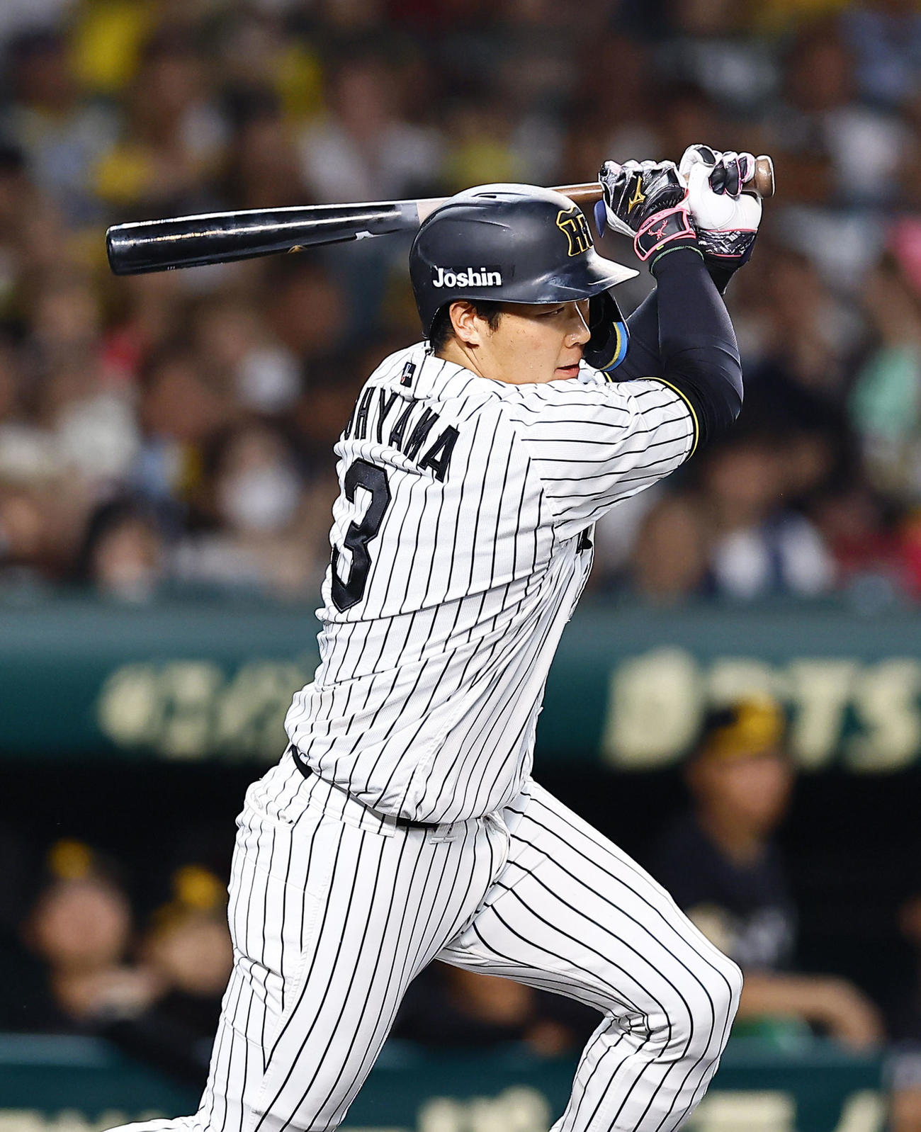 阪神対ソフトバンク　5回裏阪神2死一、二塁、大山は中前に同点適時打を放つ（撮影・藤尾明華）