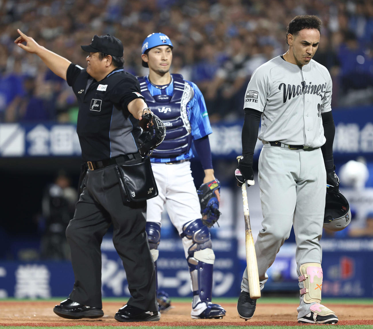 DeNA対ロッテ　9回表ロッテ1死一、二塁、死球を受けるソト（撮影・河田真司）