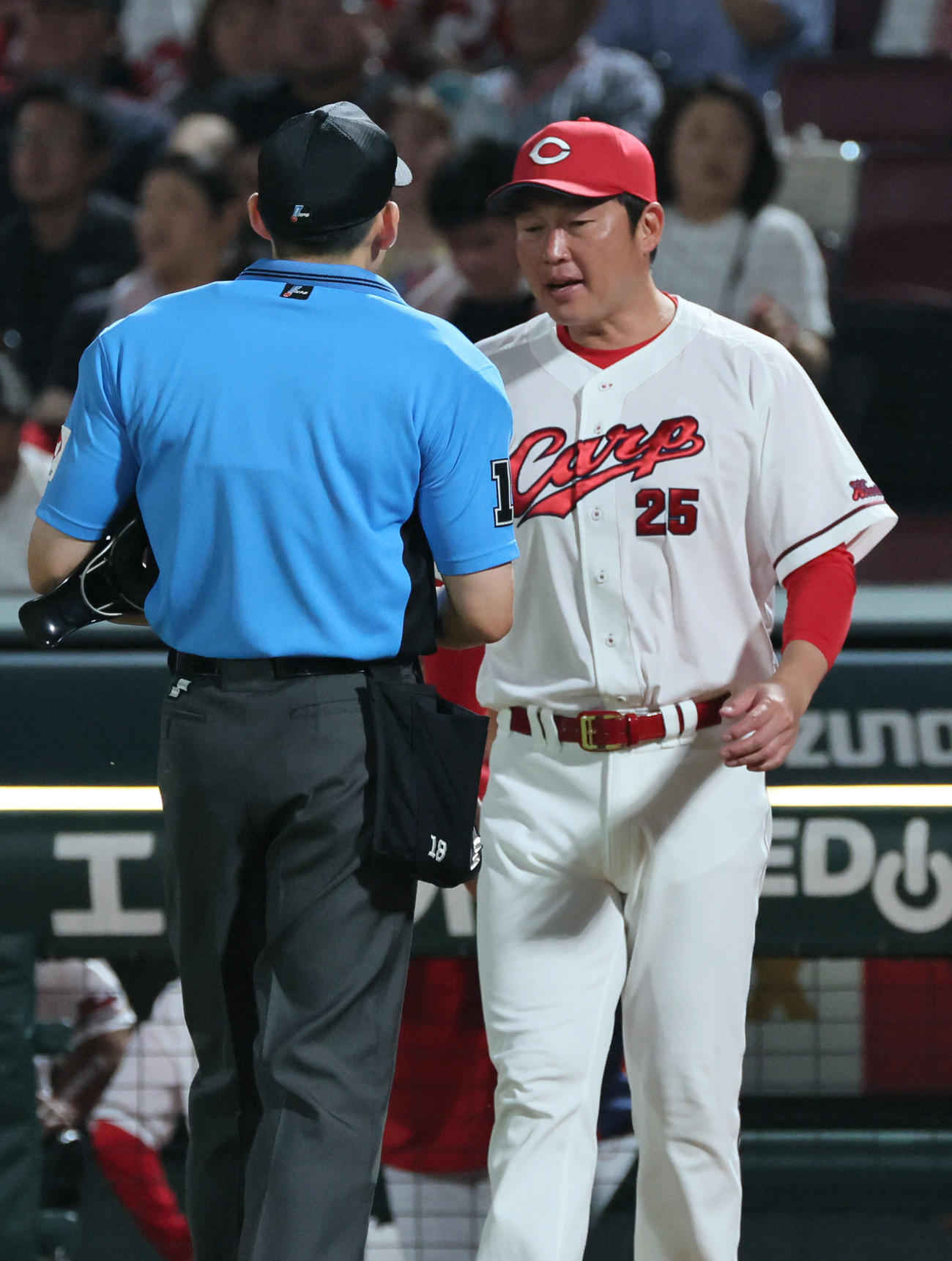 広島対楽天　8回裏終了時、交代を告げる新井監督（撮影・加藤孝規）