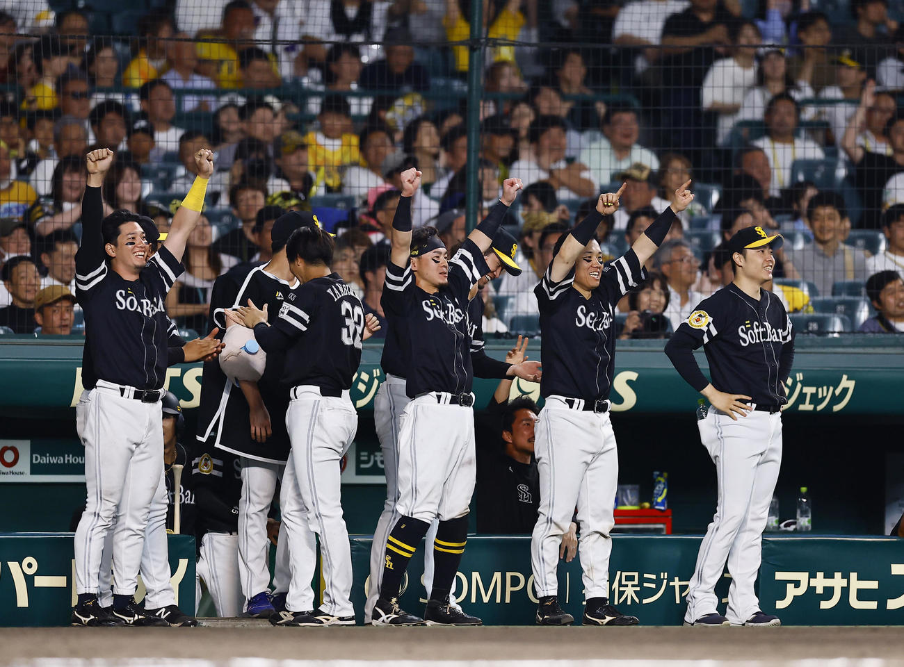 阪神対ソフトバンク　10回表ソフトバンク2死三塁、石塚の右越えに勝ち越し適時二塁打に喜ぶソフトバンクナイン（撮影・藤尾明華）