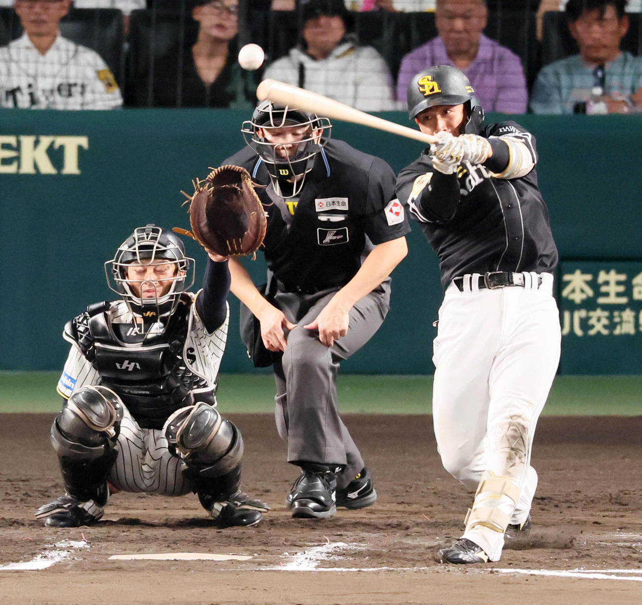 阪神対ソフトバンク　7回表ソフトバンク1死、野村は中越え二塁打を放つ（撮影・加藤哉）