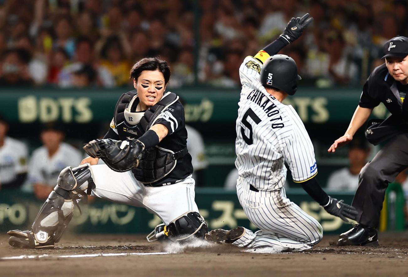 阪神対ソフトバンク　5回裏阪神2死一、二塁、近本（右）は大山の適時打で生還する（撮影・上田博志）