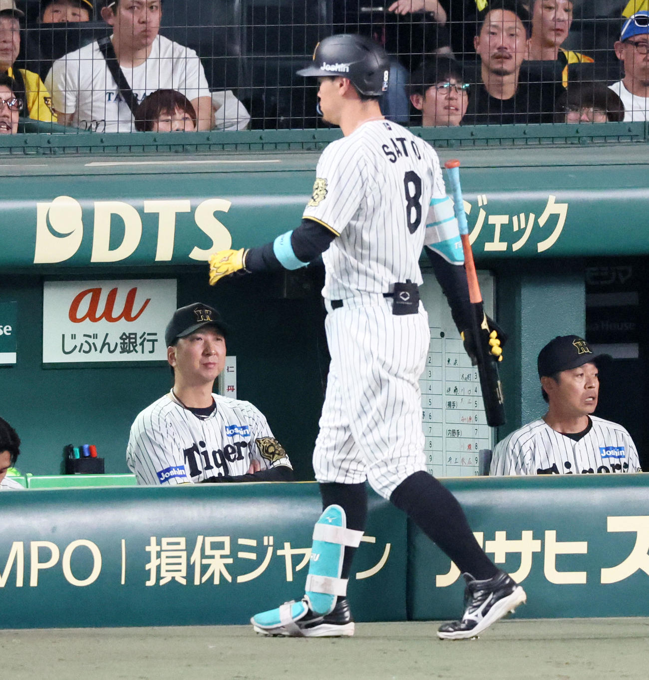 阪神対ソフトバンク　　10回裏阪神無死、ベンチから戦況を見つめる藤川監督。右は三振して引き揚げる佐藤輝（撮影・加藤哉）