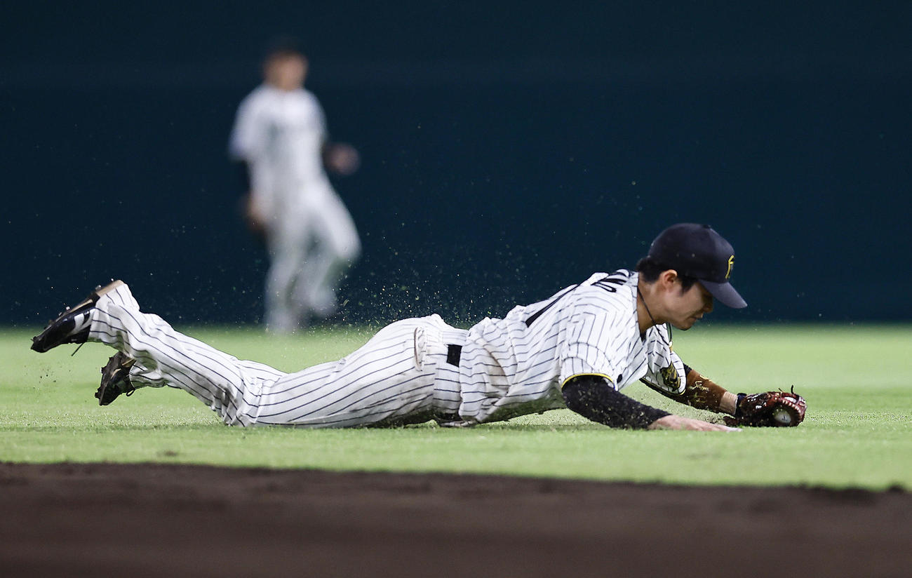 阪神対ソフトバンク　10回表ソフトバンク無死、野村勇の打球で二塁手中野は好守を見せるも内野安打となる（撮影・藤尾明華）