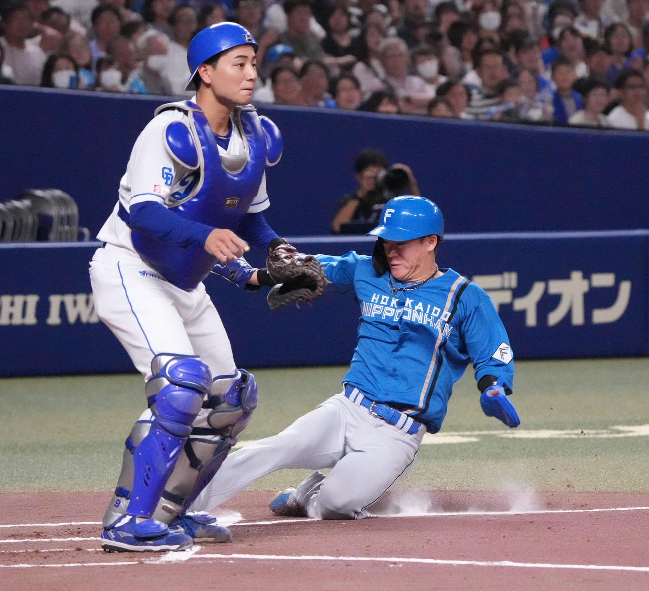 中日対日本ハム　1回表日本ハム1死一、三塁、郡司のスクイズで生還する矢沢（右）捕手は石伊（撮影・森本幸一）