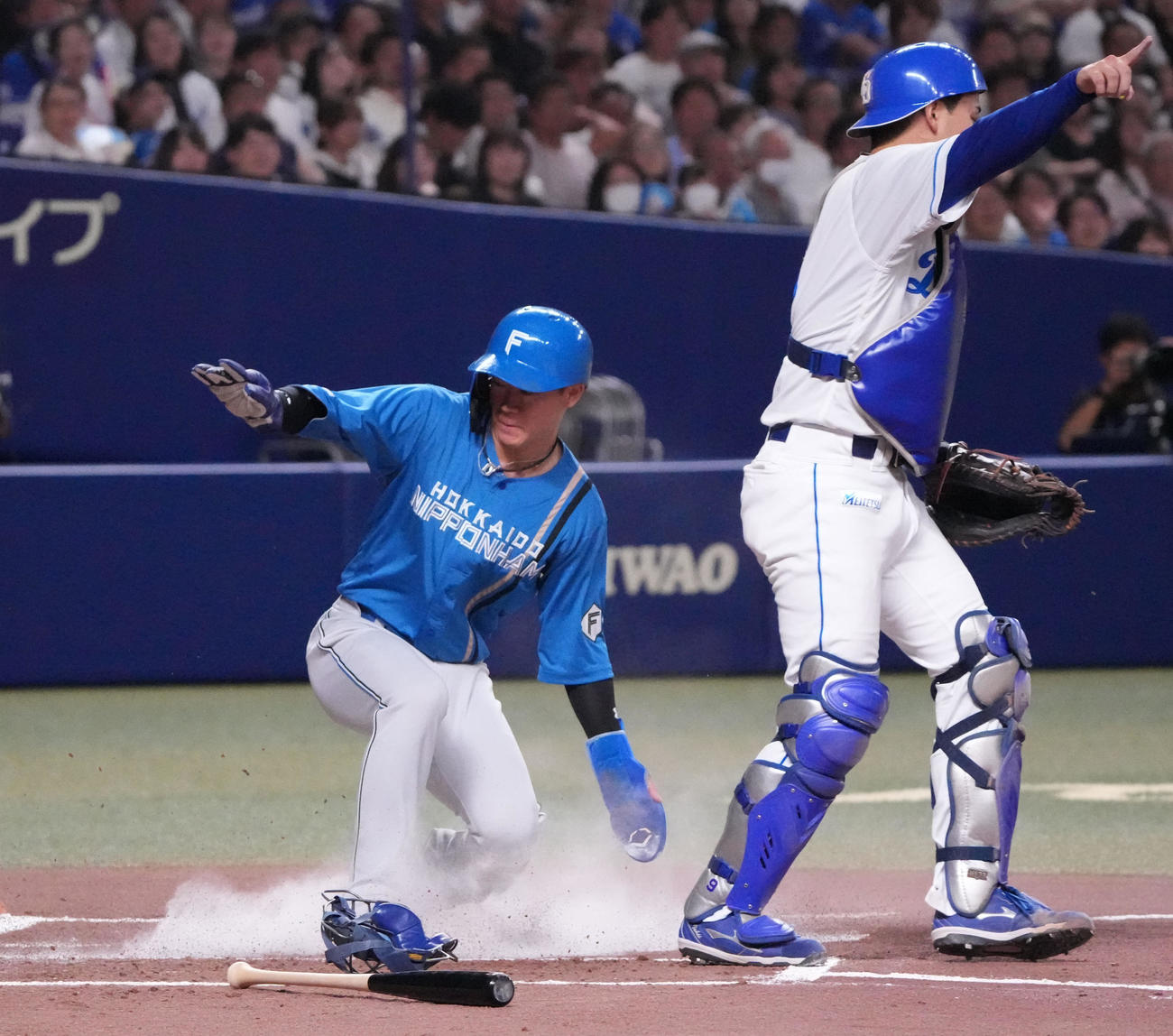 中日対日本ハム　1回表日本ハム1死一、三塁、郡司のスクイズで生還する矢沢（左）捕手は石伊（撮影・森本幸一）