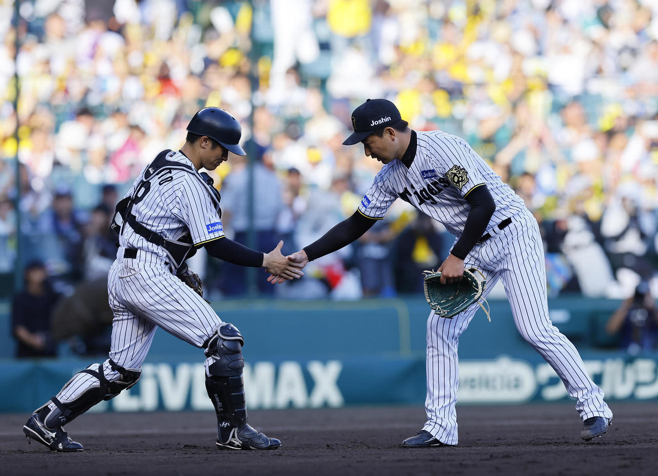 阪神対ソフトバンク　9回を抑え坂本（左）と握手を交わす阪神岩崎（撮影・藤尾明華）