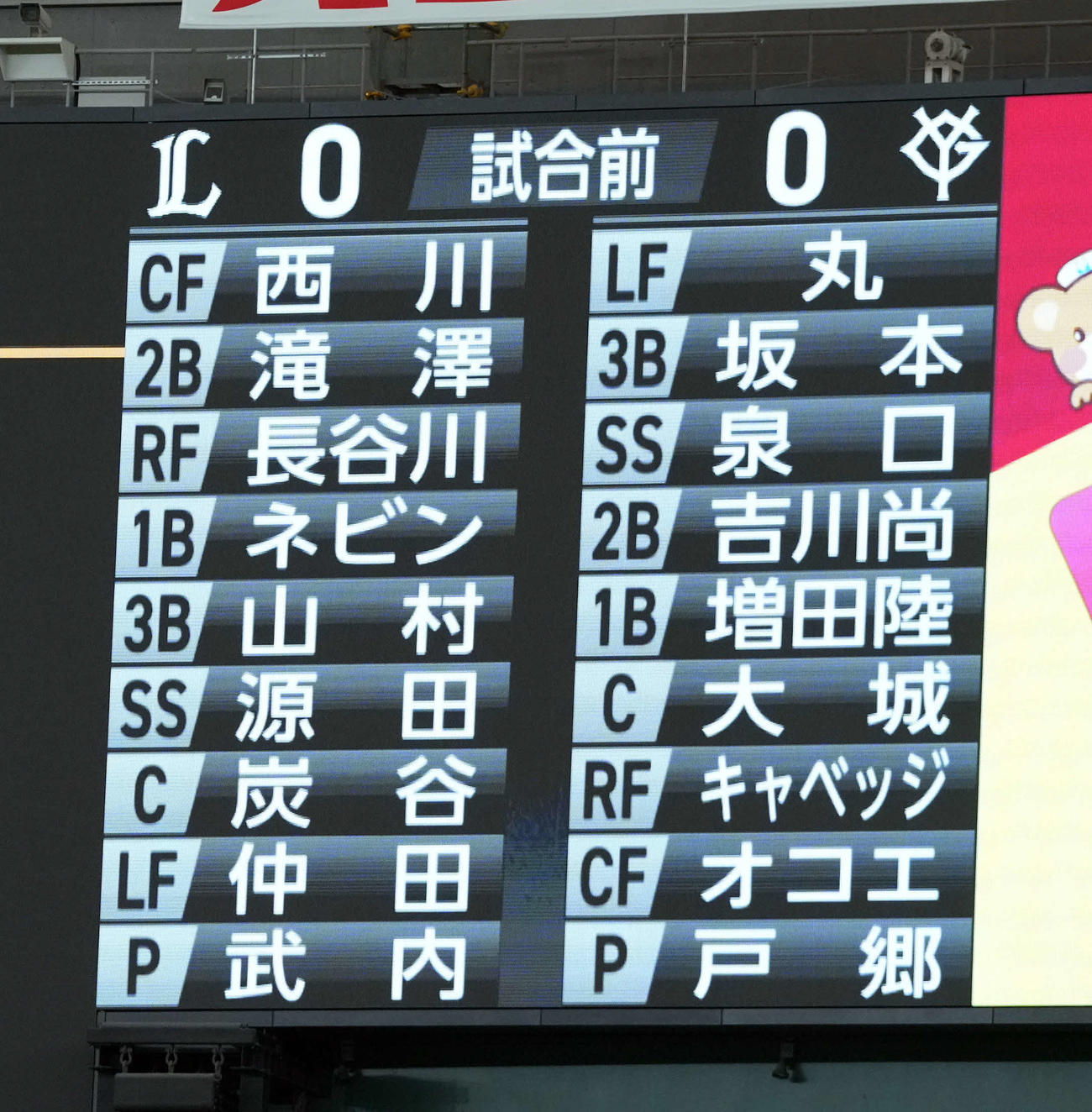 巨人対西武　両チームの先発メンバー（撮影・たえ見朱実）