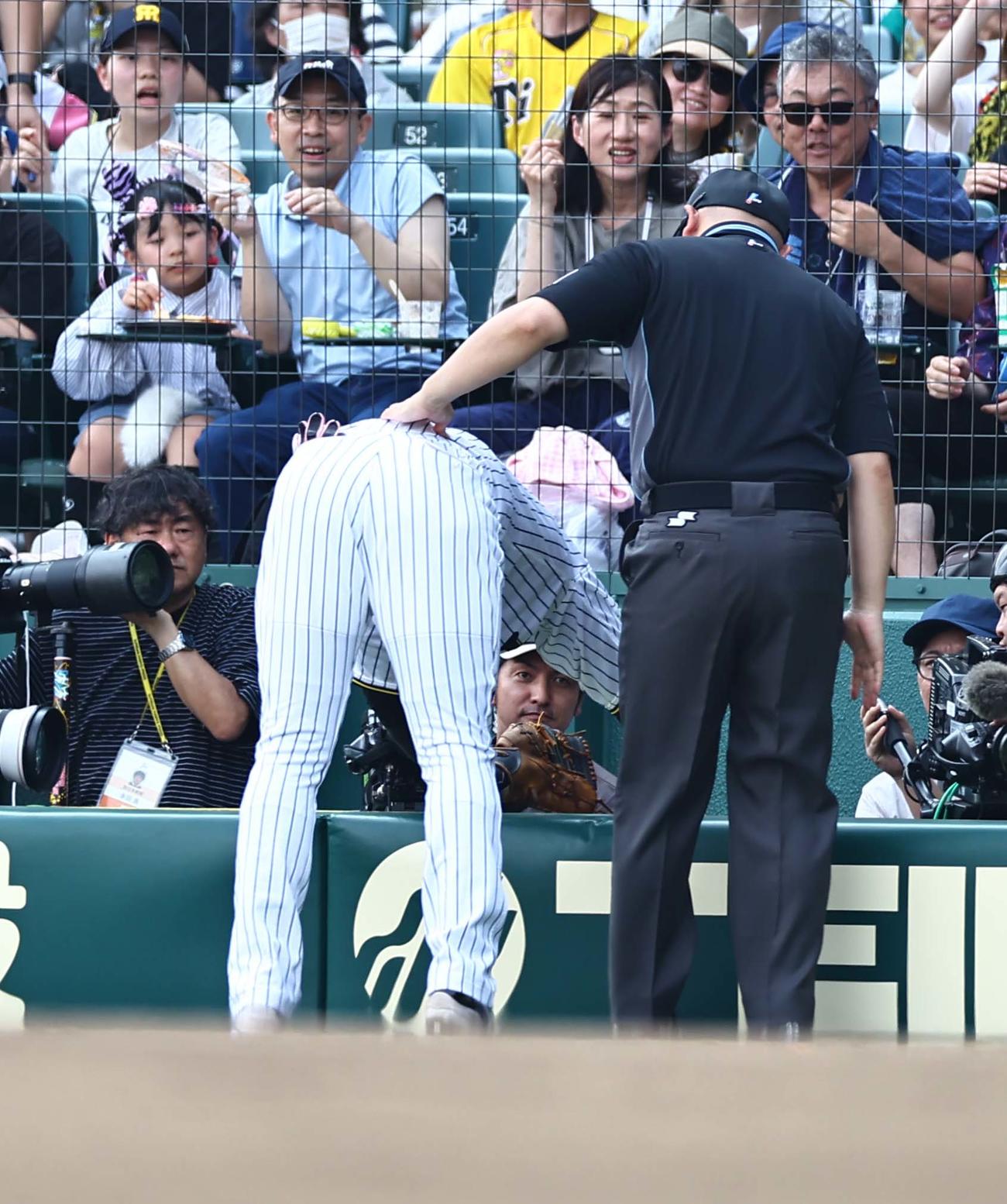阪神対ソフトバンク　3回表ソフトバンク2死、野村の打球を追いカメラマン席に飛び込む大山（撮影・上田博志）