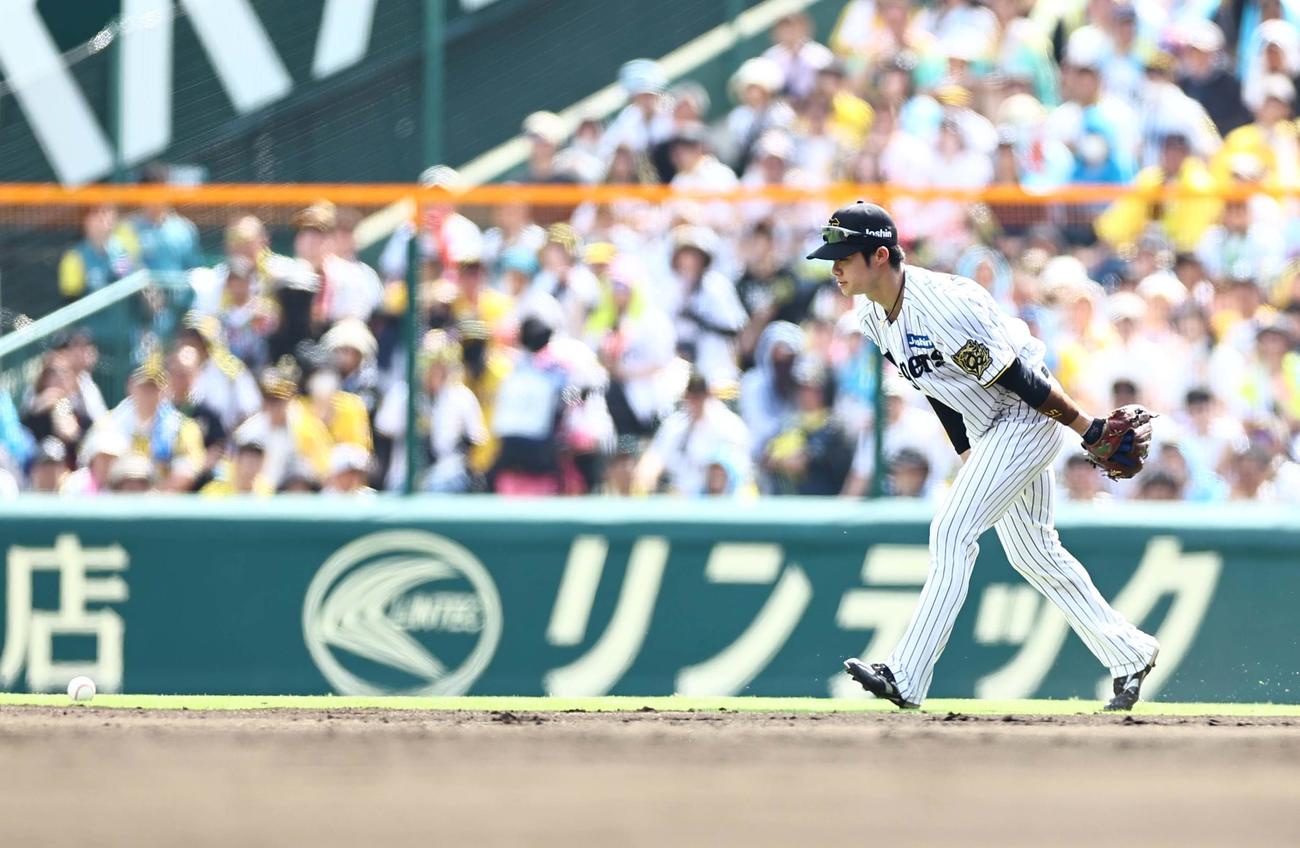 阪神対ソフトバンク　4回表ソフトバンク2死、中野は栗原の打球をエラーする（撮影・上田博志）