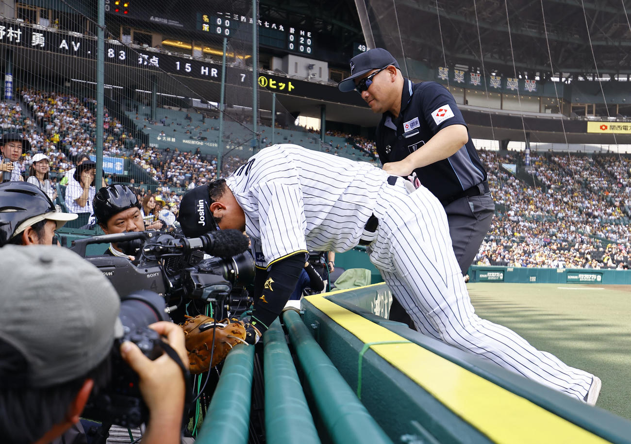 阪神対ソフトバンク　3回表ソフトバンク2死、野村の邪飛を追って、カメラ席に倒れ込み引き起こされる一塁手大山（撮影・藤尾明華）