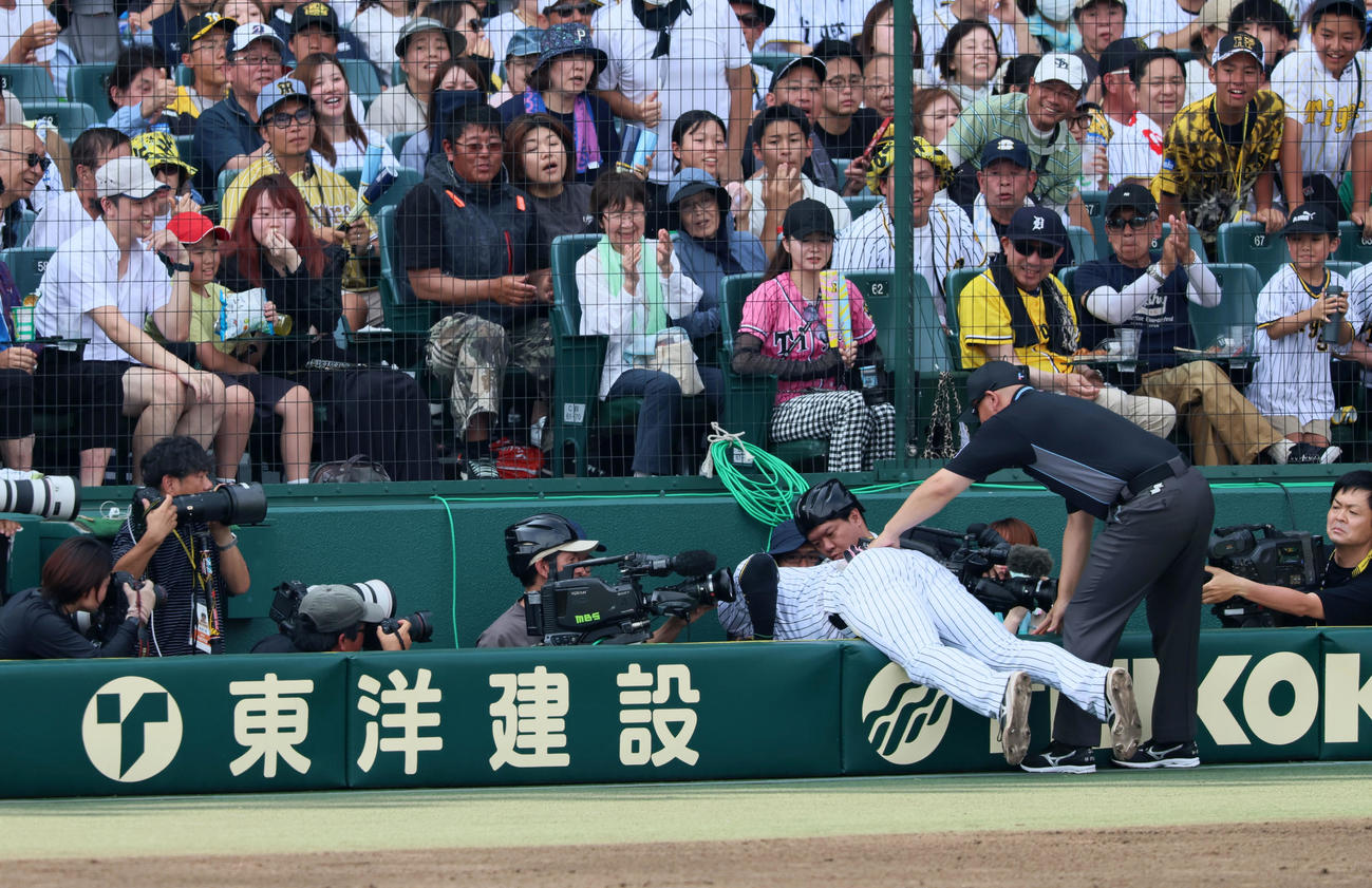 阪神対ソフトバンク　3回表ソフトバンク2死、野村勇の邪飛を追って一塁側カメラマン席に転落した大山のベルトを持って起き上がらせる福家一塁塁審（撮影・加藤哉）