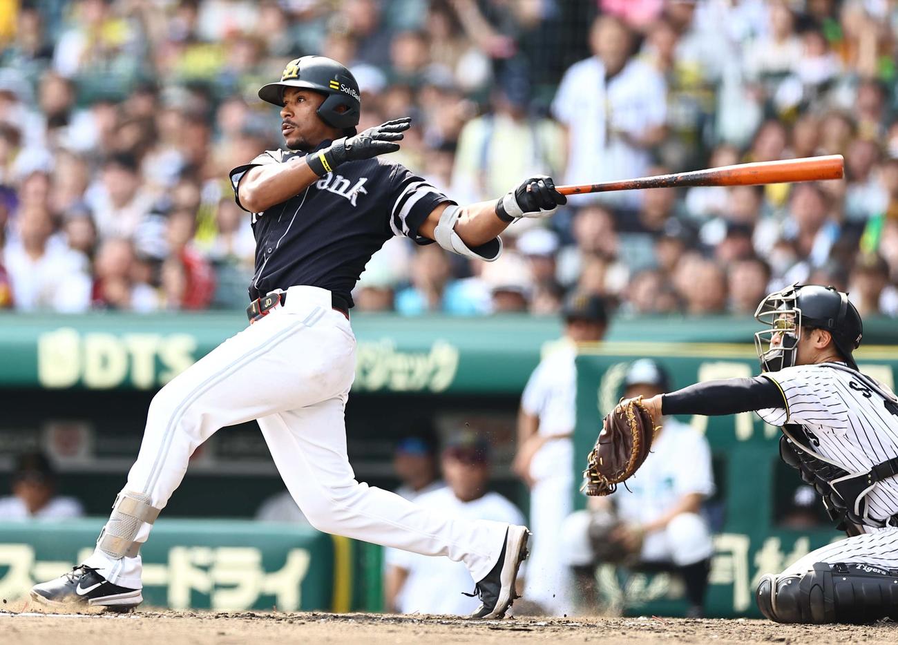 阪神対ソフトバンク　4回表ソフトバンク2死二、三塁、ダウンズは先制2点適時打を放つ（撮影・上田博志）