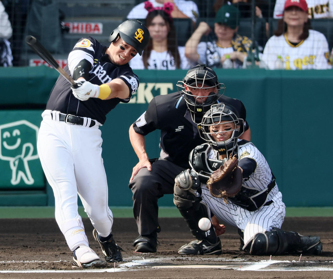 阪神対ソフトバンク　6回表ソフトバンク1死、栗原の打球を足に受ける坂本（撮影・加藤哉）