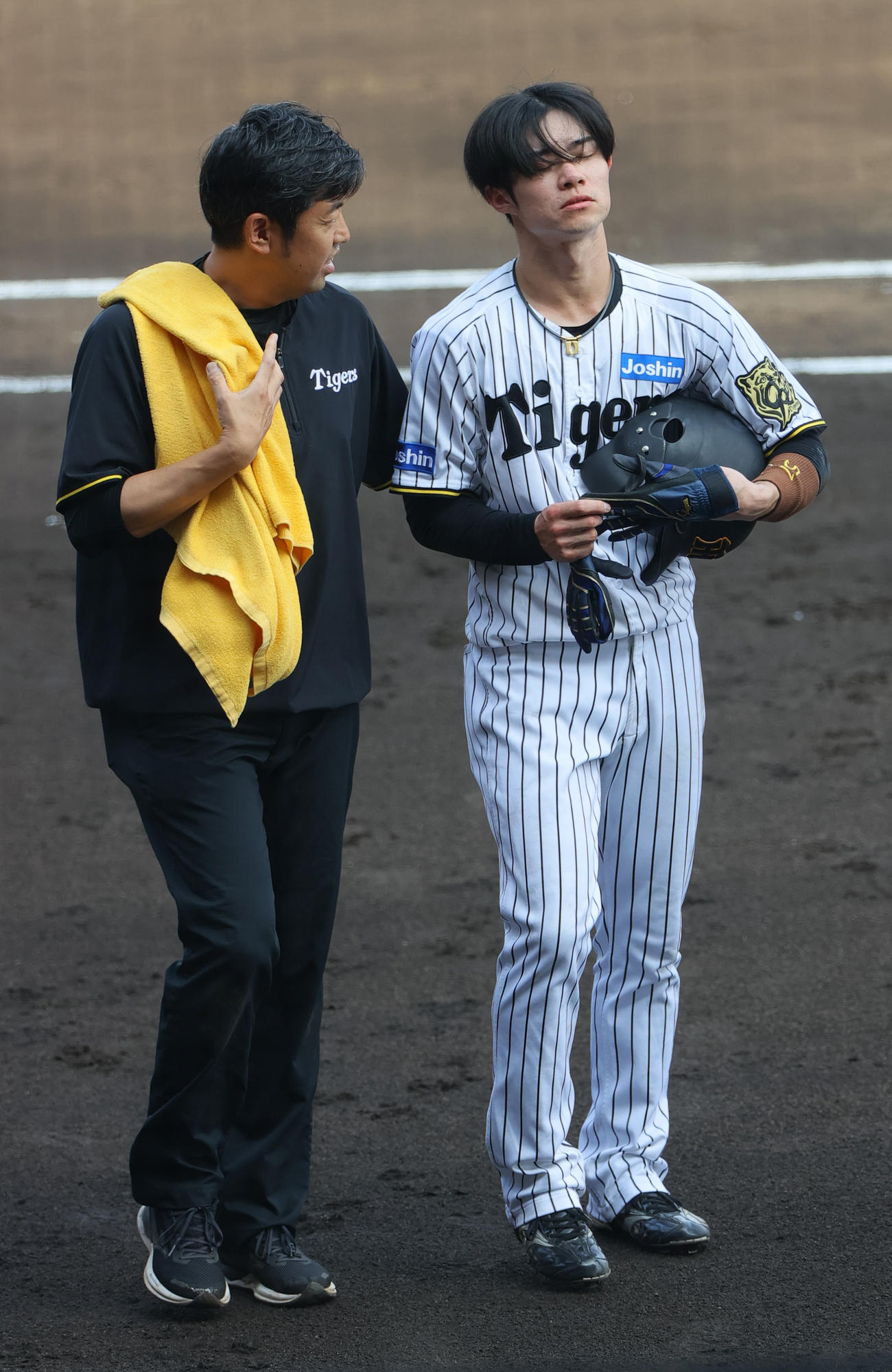 阪神対ソフトバンク　6回裏阪神1死、中野（右から2人目）は死球を受けベンチへ手当に向かう（撮影・上山淳一）