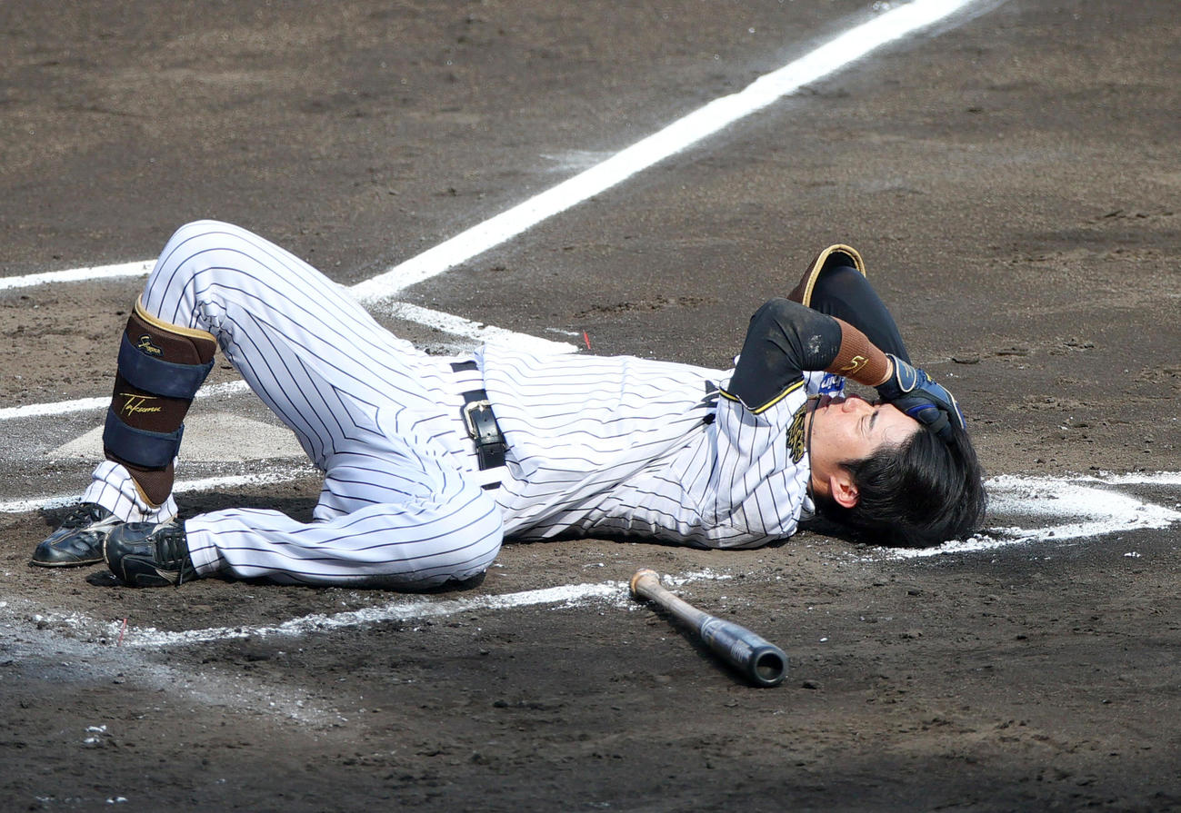 阪神対ソフトバンク　6回裏阪神1死、中野は死球を受け倒れ込む（撮影・上山淳一）