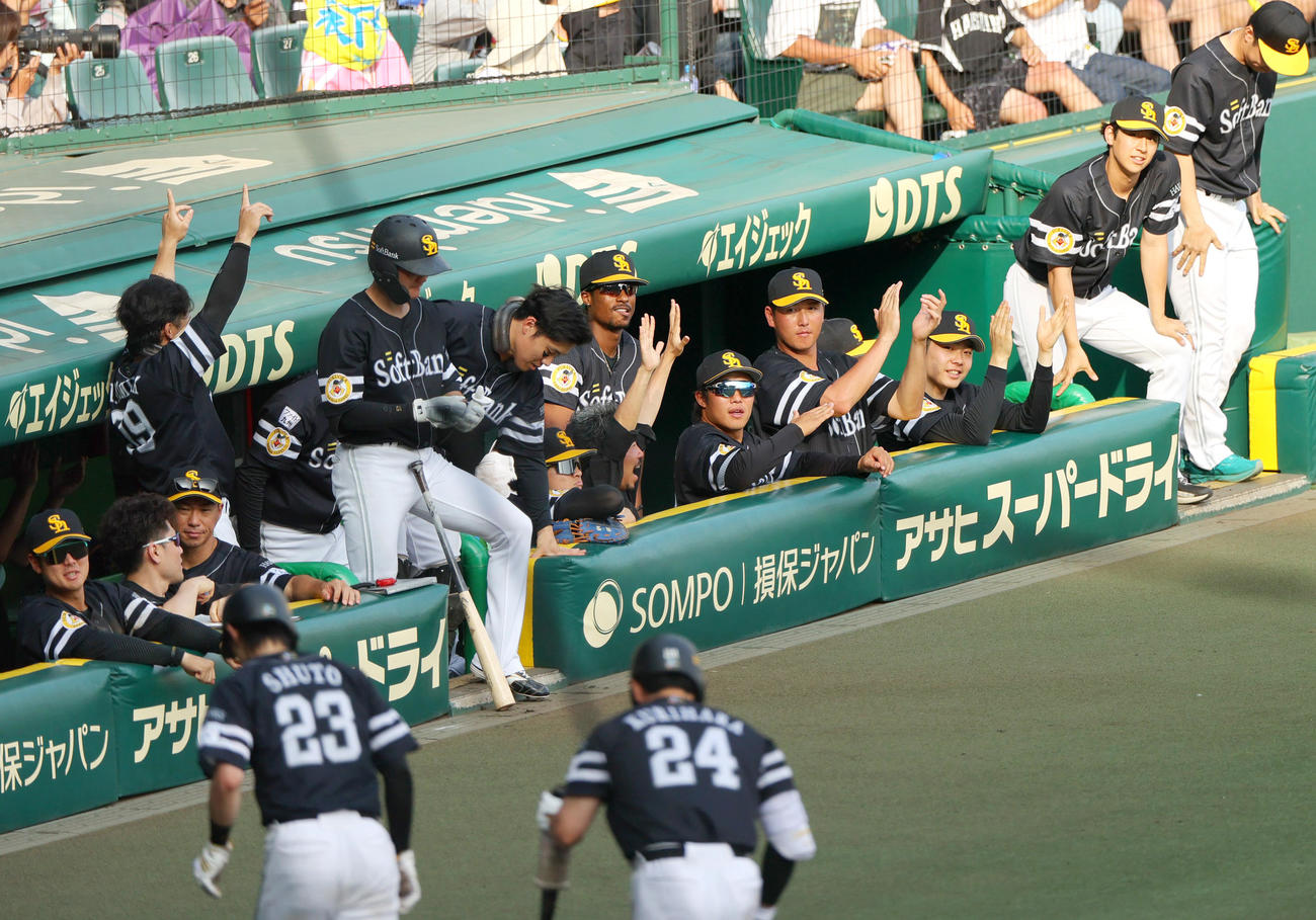 阪神対ソフトバンク　8回表ソフトバンク2死二塁、中村の左適時三塁打で盛り上がるソフトバンクの選手ら（撮影・上山淳一）