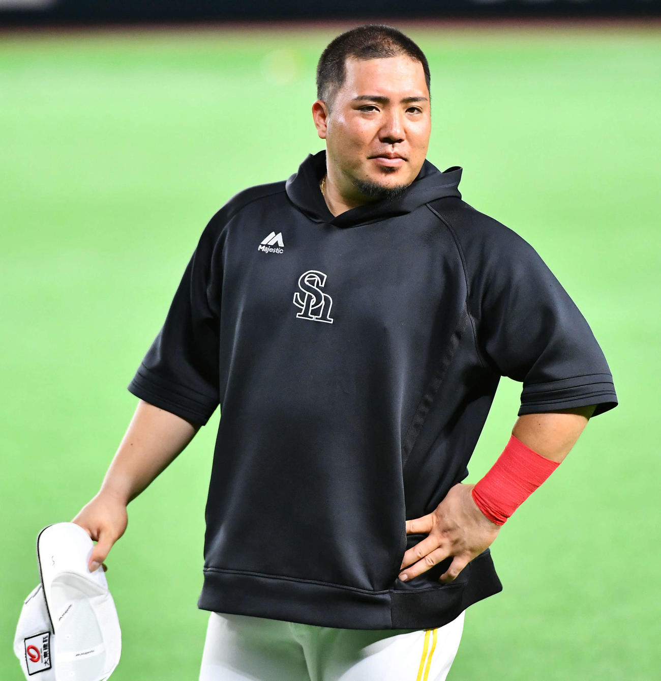 1軍に合流したソフトバンク山川は丸刈り姿を見せる（撮影・岩下翔太）