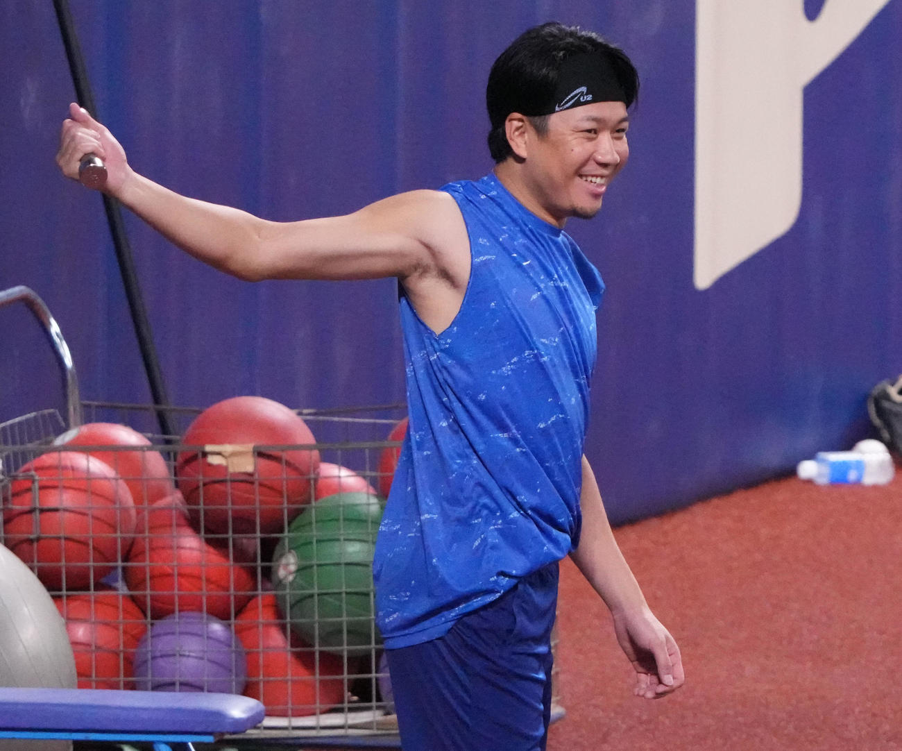明るい表情でトレーニングをする大野（撮影・森本幸一）