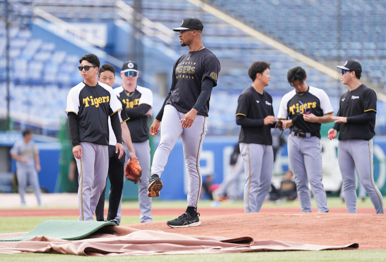ヤクルト対阪神　試合前練習でマウンドの状態を確認する阪神デュプランティエ（中央）（撮影・鈴木みどり）