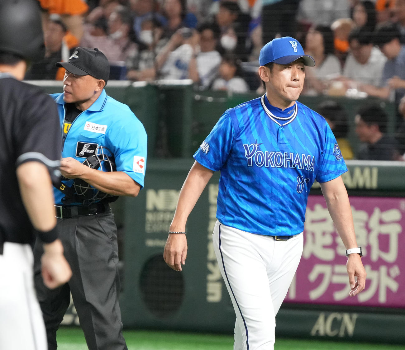 巨人対DeNA　選手交代を告げベンチへ引き揚げるDeNA三浦監督（撮影・小沢裕）