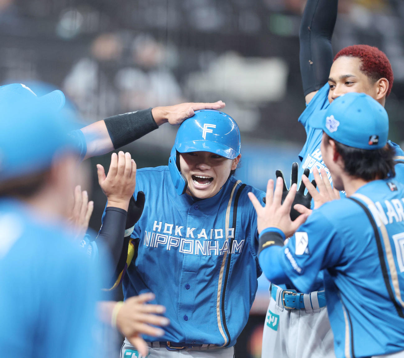 西武対日本ハム　4回表日本ハム無死、右中間ソロ本塁打で生還し、チームメートに迎えられる田宮（撮影・河田真司）
