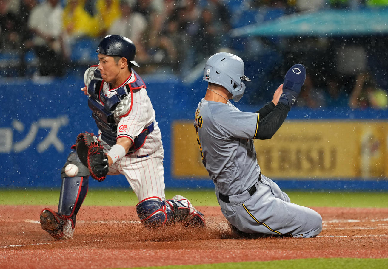 ヤクルト対阪神　4回表阪神2死一、二塁、ヘルナンデスの中適時打で二塁から生還する佐藤輝（右）（撮影・菅敏）