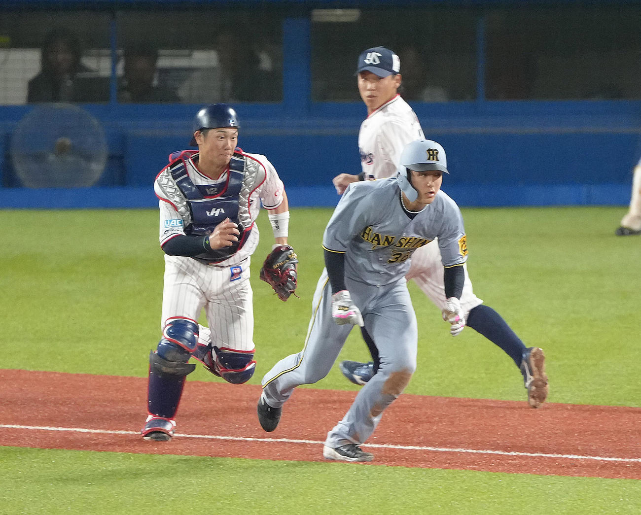 ヤクルト対阪神　6回表阪神2死一、三塁、三塁走者小幡（右）は重盗で本塁を狙うもはさまれアウトとなる（撮影・足立雅史）