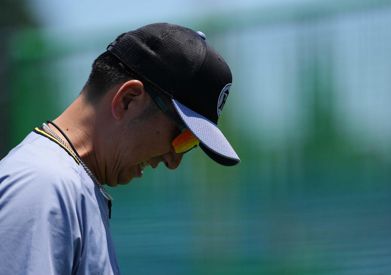 ヤクルト対阪神　試合前、暑さが辛そうな藤川監督（撮影・狩俣裕三）