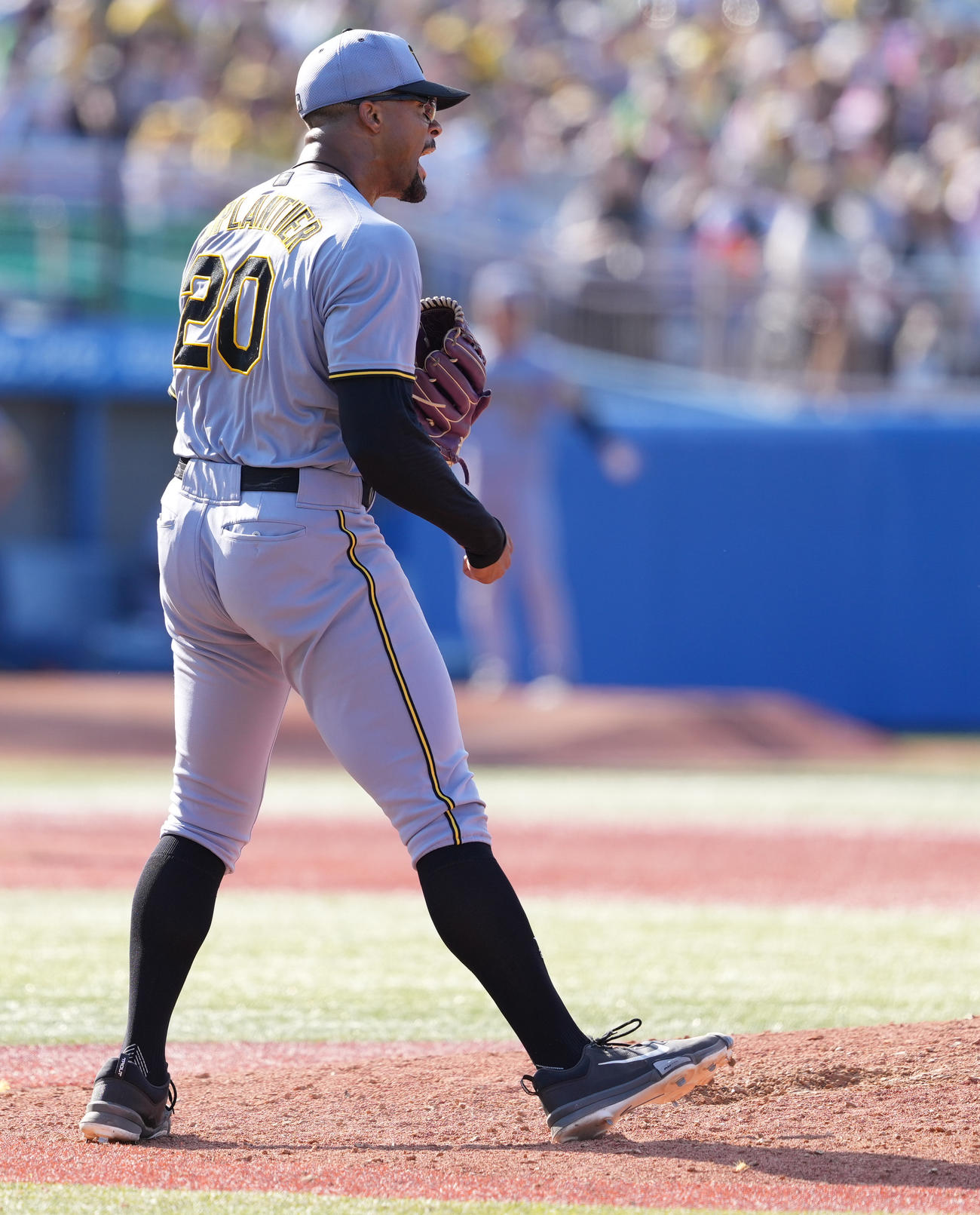 ヤクルト対阪神　7回裏ヤクルト2死、宮本を空振り三振に仕留め、ガッツポーズするデュプランティエ（撮影・鈴木みどり）