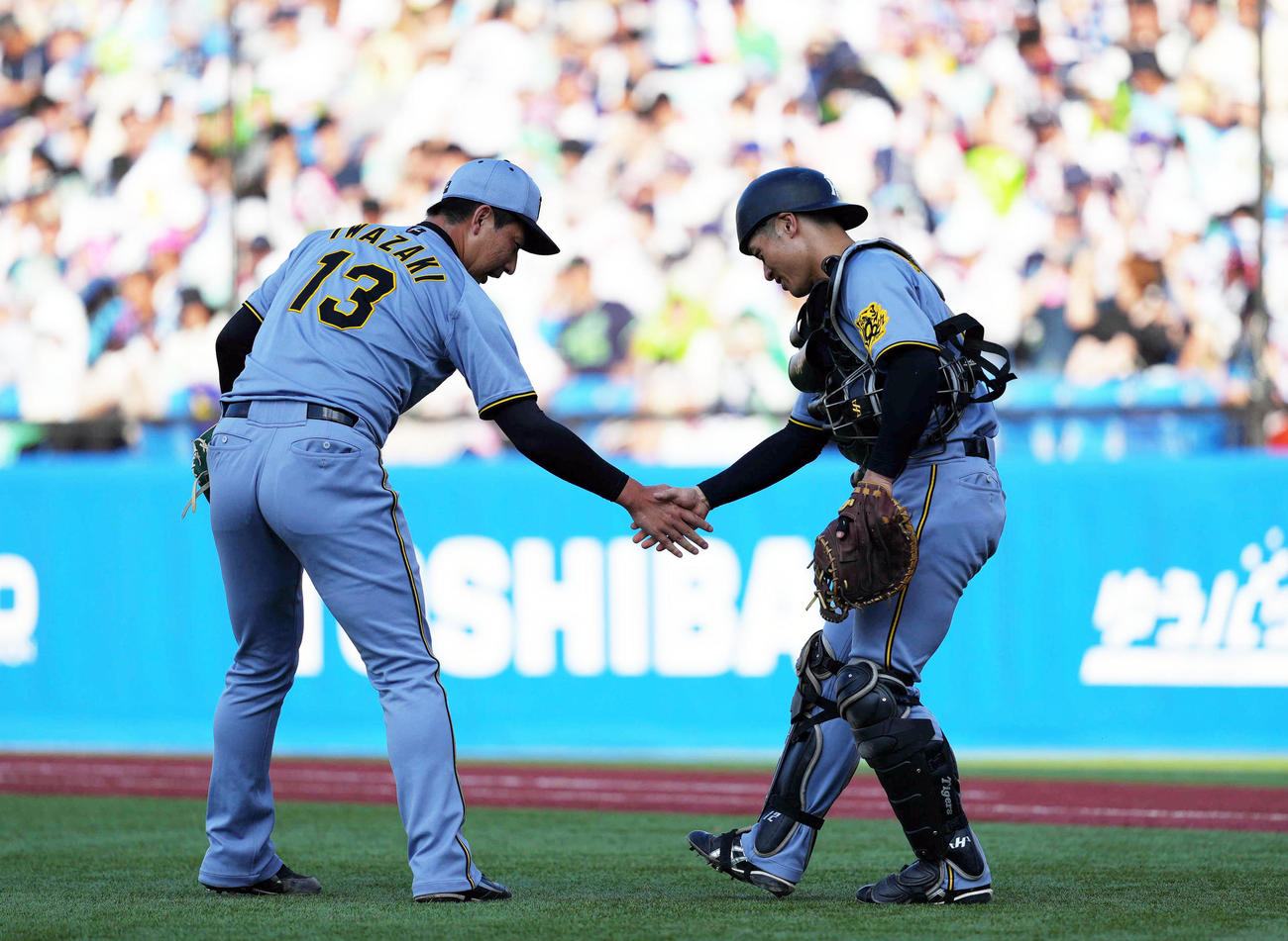ヤクルト対阪神　試合後、握手を交わす岩崎（左）と坂本（撮影・狩俣裕三）