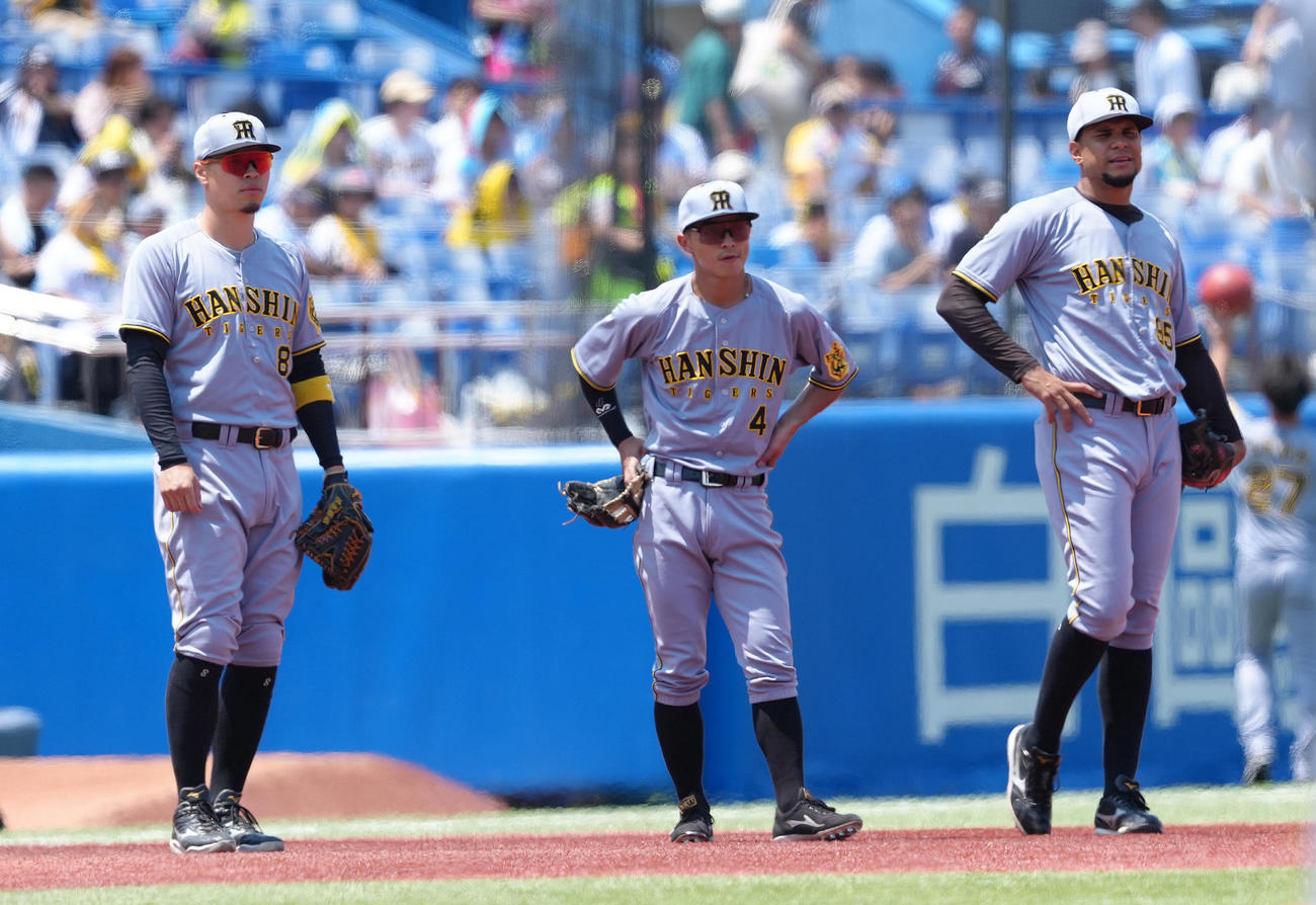 試合前、三塁でノックを受ける阪神の、左から佐藤輝、熊谷、ヘルナンデス（撮影・足立雅史）